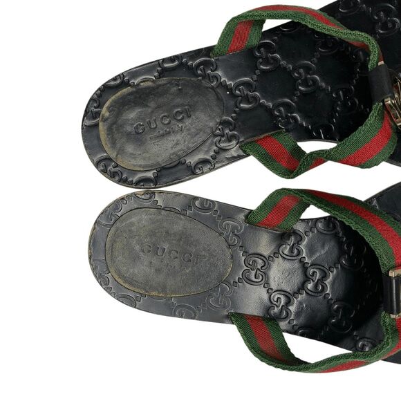 Gucci GG Web Stripe Thong Sandals EU 38.5 US 8.5 Black Flip Flop Slide Flat Heel - Picture 8 of 10